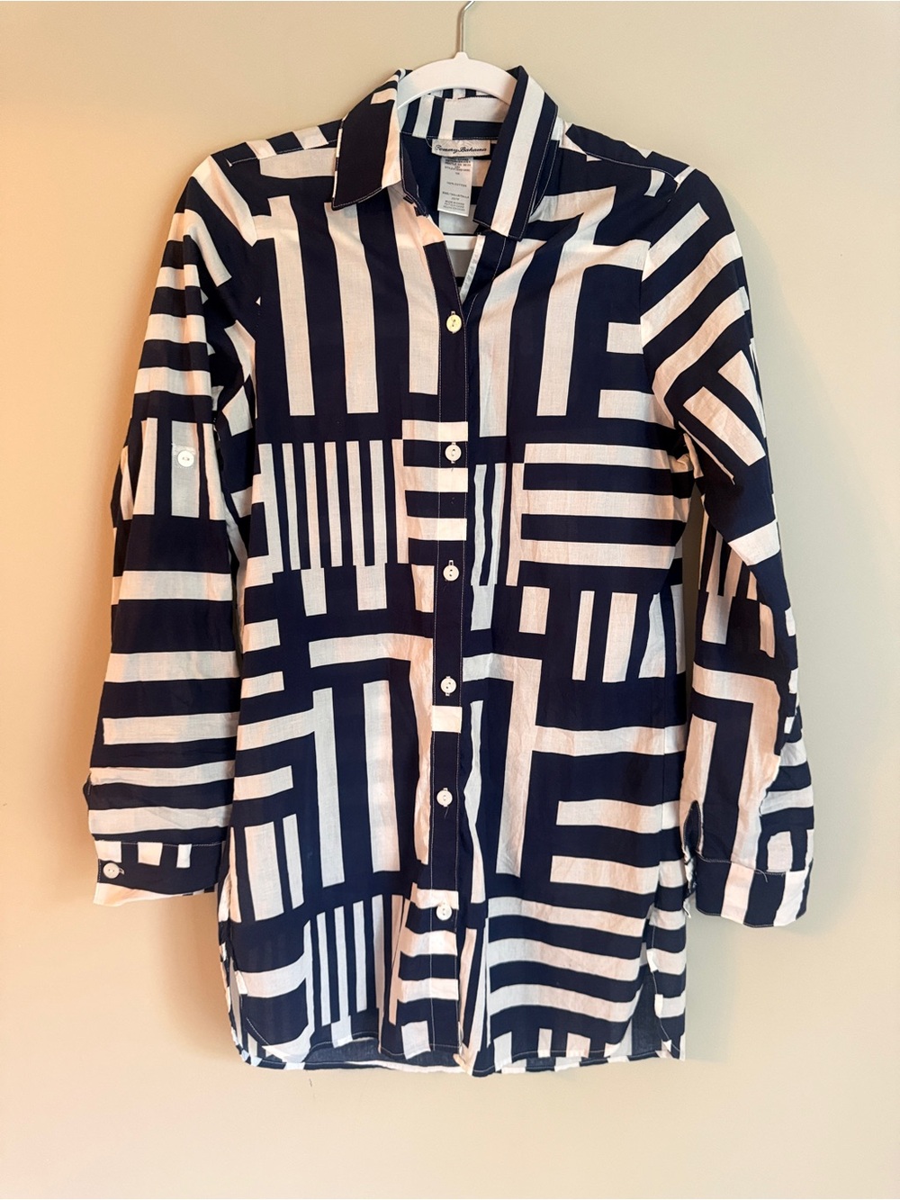 Geometric long Button-Up Shirt Navy & White art to wear statement XS
